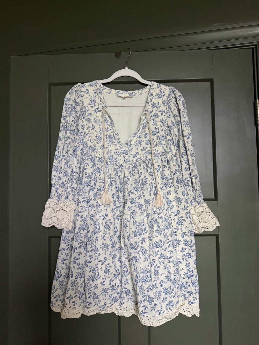 Olivaceous White Mini Dress with Blue Floral Print